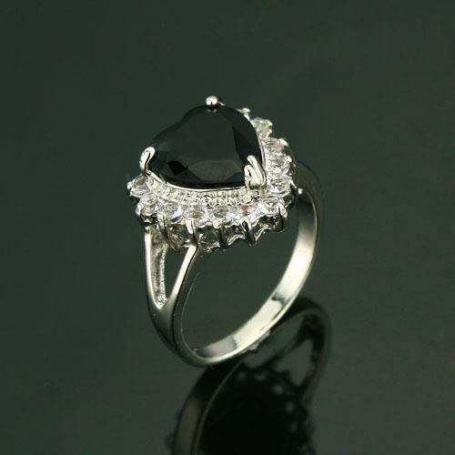 BLACK CZ HEART SILVER RING - SIZE 5.75