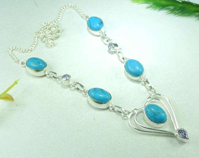 GENUINE TURQUOISE & QUARTZ 925 SILVER NECKLACE