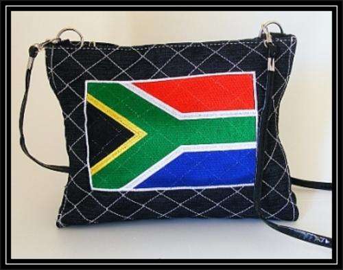 DENIM SOUTH AFRICAN FLAG HANDBAG WITH LONG SHOULDER STRAP