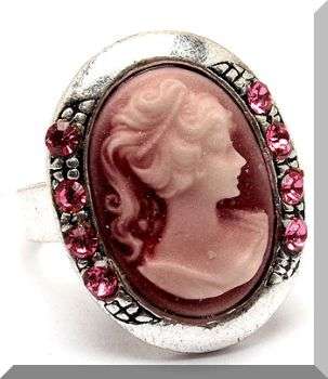 PINK CAMEO SILVER RING - SIZE: 7 ADJUSTABLE