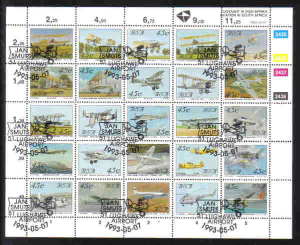 RSA 1993 Aviation in South Africa Sheet of 25 used SACC 796-820