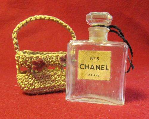 SALE: Vintage Chanel No.5 Perfume Bottle in Crocheted Basket