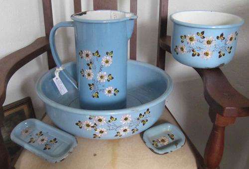 Old Fashioned Blue Enamel Bathroom Set - 5 Pieces - Beautiful Condition