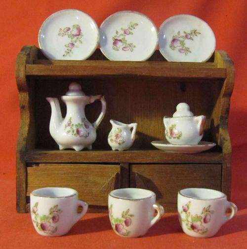 Miniature Ceramic Tea Set and Wooden Dresser