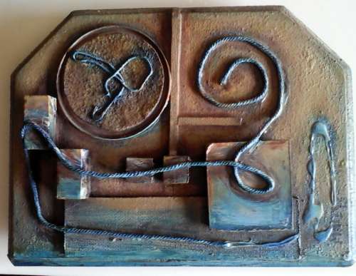 Clearance Sale "Brown and Blue Recycle Abstract" One of a kind!