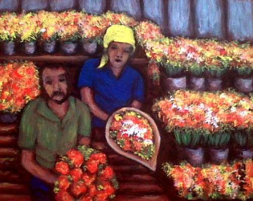 Ready to Hang, no framing needed!  Street Flower Sellers 2 - Original Mari Mackie - 300 X 240mm