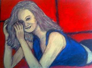 Blocked canvas, ready to hang, original by Mari Mackie - Woman - Blue on red background