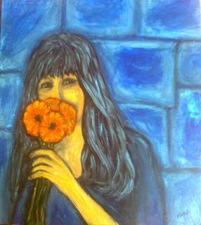 Blocked canvas, 30Cm X 40CM, ready to hang, original by Mari Mackie - Woman - Blue with flowers R500