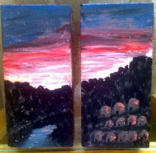 Village by the River,Acrylic on wooden block X 2, 230mm X 110mm X 40, R300.00