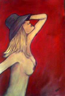 Nude - Woman with Hat - SA Artist Mari Mackie Original - 300mm X 450mm
