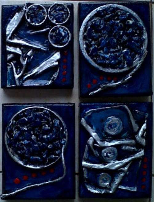Recycle Abstract Blue, Silver - SA Artist Mari Mackie Original - 140mmX190mm (3) & 140mmX170mm (1)