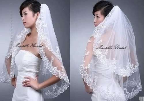 MANTILLA BRIDAL - 2 Tiers of White Wedding Veil with Patterned Scalloped Edges & Comb