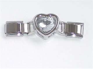 SALE!! 9mm Charms - Connector - Fits Nomination - Replaces 3 Links - DIAMOND WHITE CRYSTAL HEART