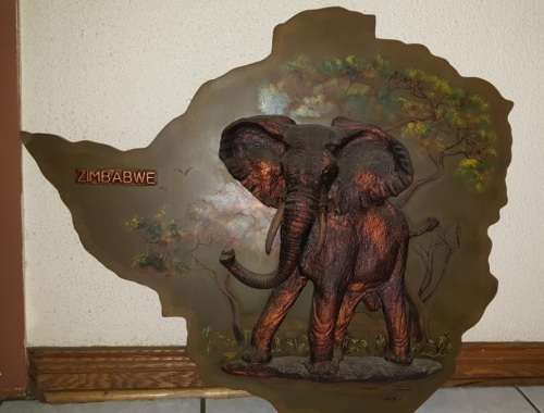AFRICAN DREAM Has a Genuine Signed GASTONE Copper Zimbabwe Map with Elephant - 75x85cm