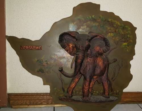 AFRICAN DREAM Has a Genuine Signed GASTONE Copper Zimbabwe Map with Elephant - 75x85cm