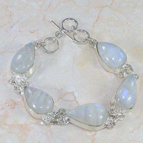 ENCHANTING GLOWING RAINBOW MOONSTONE 925 SILVER BRACELET 8 3/4" - U9566
