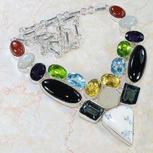 VERY IMPRESSIVE MULTI GEMSTONE 925 SILVER NECKLACE 19 1/2" - U5527