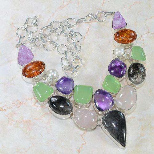IMPRESSIVE HUGE MULTI GEMSTONE 925 SILVER NECKLACE 19" - U5828