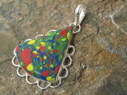 EYE CATCHING MOSAIC NATURAL GEMSTONE 925 SILVER PENDANT 2.25" - 4043V