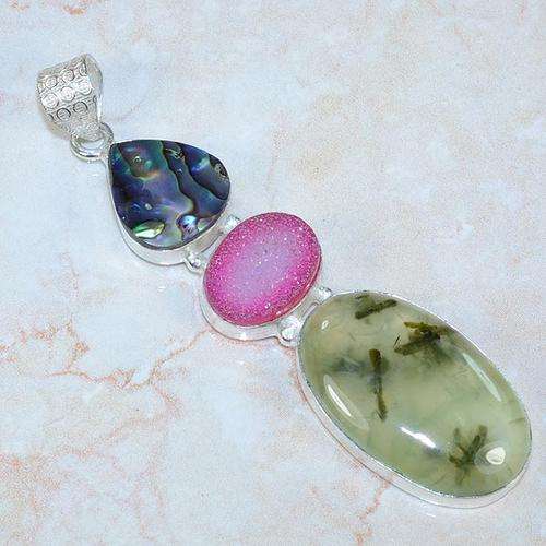 Exceptional Prehnite, Druzy and Abalone Natural Gemstone 925 Silver Pendant 2.25" - W6681 J8
