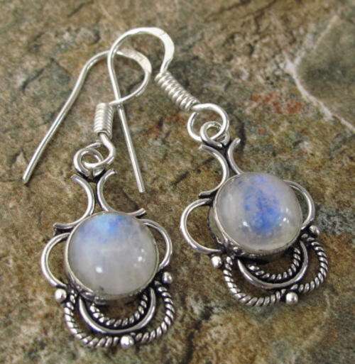 GLOWING RAINBOW MOONSTONE NATURAL GEMSTONE 925 SILVER EARRINGS 1.75" - 8879 V6