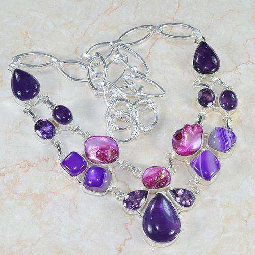 TRULY ENCHANTING AMETHYST+BAROQUE PEARL+AGATE NATURAL GEMSTONE 925 SILVER NECKLACE 18.5" - W2722 J