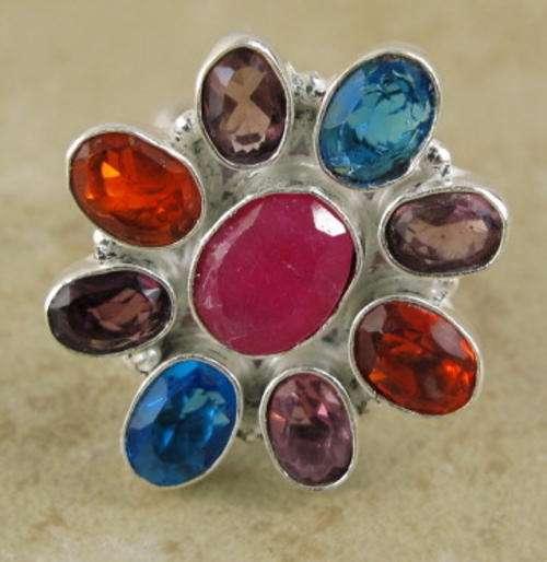 VERY DISTINCT CHERRY RUBY AND MULTI NATURAL GEMSTONES 925 SILVER RING #6.75 - 5689