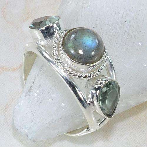TEA TIME FLASHING LABRADORITE AND TOPAZ NATURAL GEMSTONE 925 SILVER RING #8 - W5118 J4