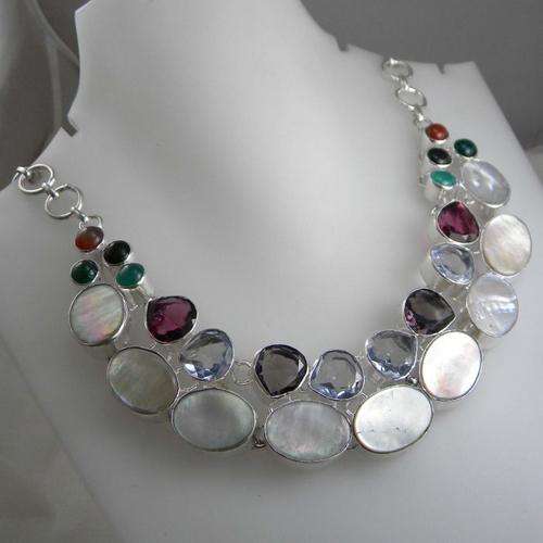 EXTRAORDINARY MULTI GEMSTONE NATURAL GEMS 925 SILVER NECKLACE 18" - BJ0626