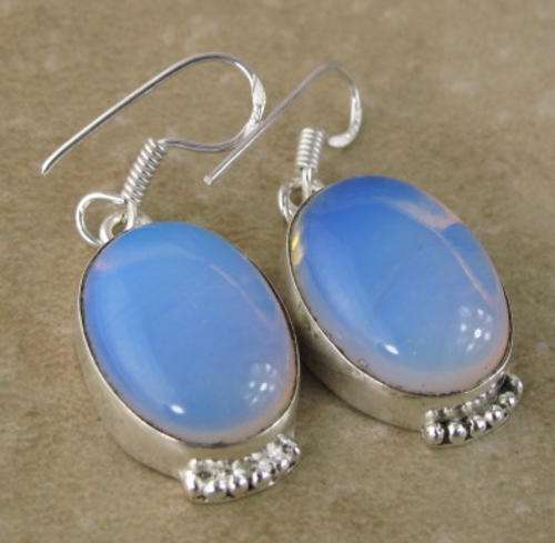 EYE CATCHING ICY BLUE WHITE OPALITE NATURAL GEMSTONE 925 SILVER EARRINGS 1.75" - 8309 V9