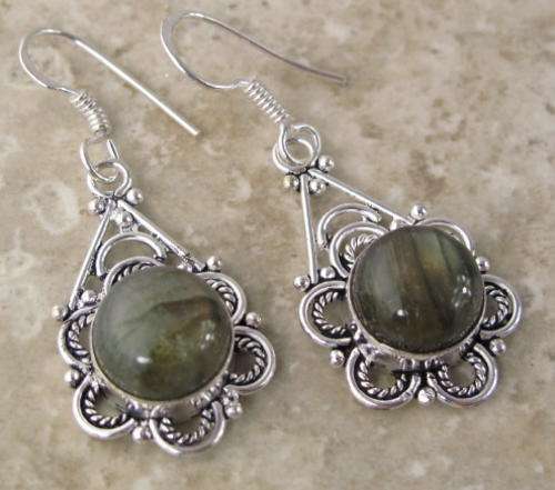 FLASHING LABRADORITE NATURAL GEMSTONE 925 SILVER EARRINGS 1.75" - 7153