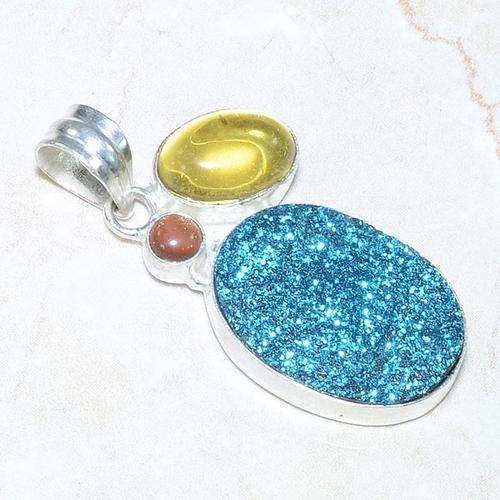 BOLD TITANIUM+CITRINE+GOLD SUN SITARA NATURAL GEMSTONE 925 SILVER PENDANT 2" - D9187 J12