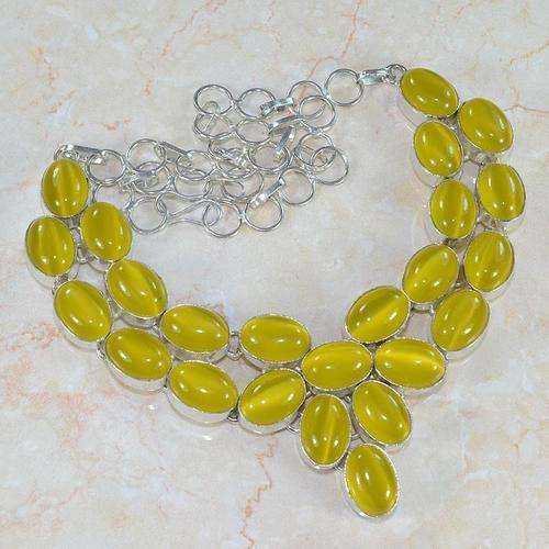 ABSOLUTELY STUNNING YELLOW CATS EYE NATURAL GEMSTONE 925 SILVER NECKLACE 19.5" - W534 J5