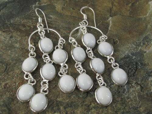 IMPRESSIVE SNOW WHITE AGATE NATURAL GEMSTONE 925 SILVER EARRINGS 3.25" - 0653 V8