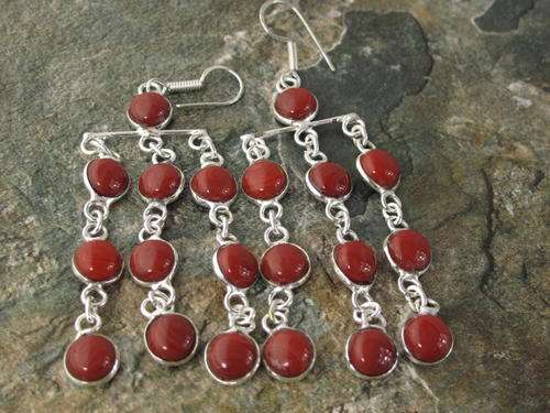 BOLD PEPPER RED CORAL NATURAL GEMSTONE 925 SILVER EARRINGS 3.5" - 0652