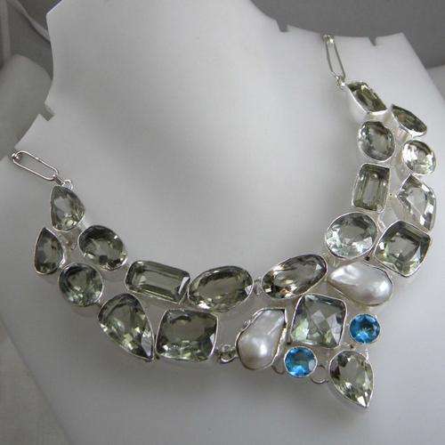 **EXQUISITE** GREEN AMETHYST+BIWA PEARL NATURAL GEMS 925 SILVER NECKLACE 18" - BJN127153 + BOX