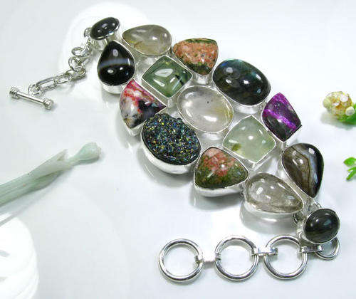 EXTRAORDINARY MULTI GEMS NATURAL GEMSTONE 925 SILVER BRACELET 6.25-8" - M6061 J5