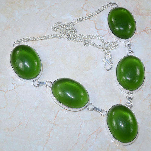 **BARGAIN LARGE** PERIDOT GREEN QUARTZ NATURAL GEMSTONE 925 SILVER NECKLACE 19" - VA549 J11
