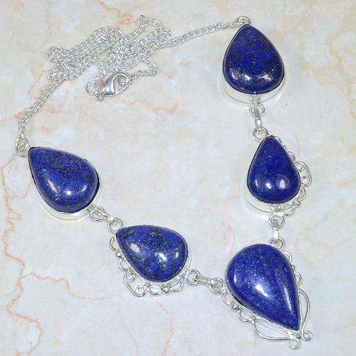 "SUPERIOR" DARK BLUE FLECKED LAPIS LAZULI NATURAL GEMSTONE 925 SILVER NECKLACE 22.5" - C9544 J11