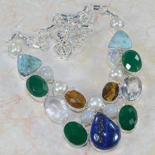 **EXQUISITE LAPIS, EMERALDS & OTHER NATURAL** GEMSTONES 925 SILVER NECKLACE 20" - VIII 1214 J8