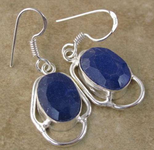 AMAZING EARTH MINED FACETED BLUE SAPPHIRE NATURAL GEMSTONE 925 SILVER EARRINGS 1.5" - 4364