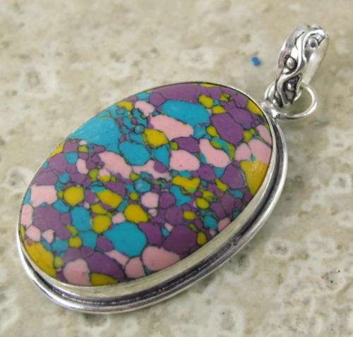 VIBRANT COLOURFUL MOSAIC JASPER NATURAL GEMSTONE 925 SILVER PENDANT 2" - 1160