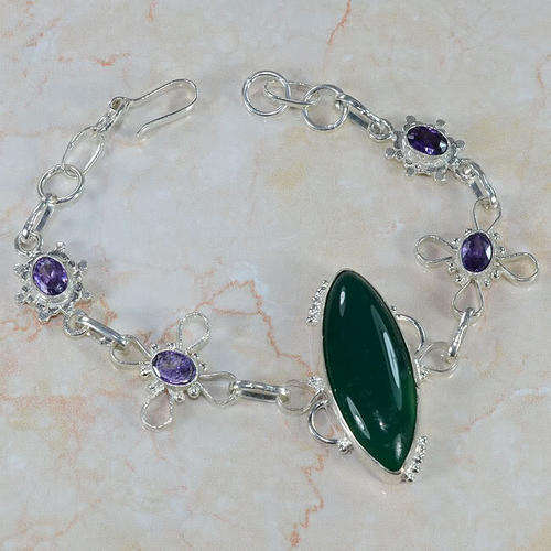EXOTIC DEEP GREEN JADE & AMETHYST NATURAL GEMSTONE 925 SILVER BRACELET 8-8.5" - V6177 J5