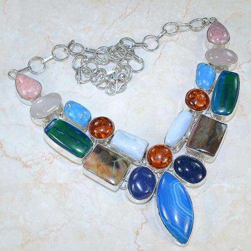 VERY UNUSUAL MULTI GEMS NATURAL GEMSTONE 925 SILVER NECKLACE 19" - X448 J8