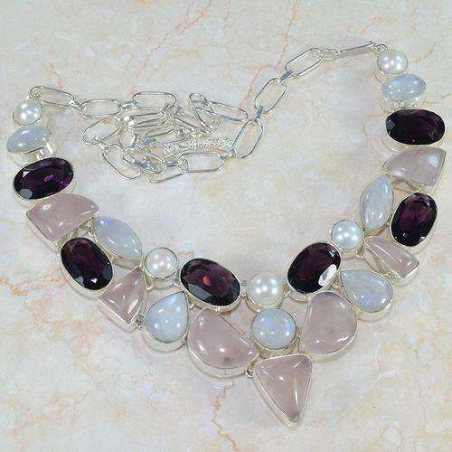 ROSE QUARTZ, AMETHYST, MOONSTONE, PEARL NATURAL GEMSTONE 925 SILVER NECKLACE 21" - W5134 J6