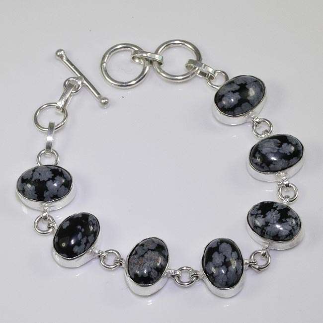 DELIGHTFUL SNOWFLAKE OBSIDIAN NATURAL GEMSTONE 925 SILVER BRACELET 7.25-8" - C4585 J13