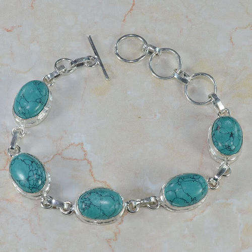 BEAUTIFUL TURQUOISE NATURAL GEMSTONE 925 SILVER BRACELET 7-8.25" - V6477 J5