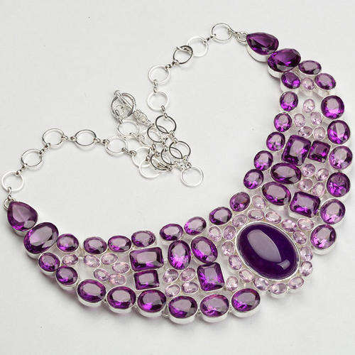 EXQUISITE AMETHYST, AGATE & PINK QUARTZ NATURAL GEMSTONE 925 SILVER NECKLACE 19"