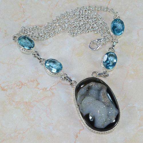 ABSOLUTELY BEAUTIFUL EXAMPLE OF BLACK DRUZY NATURAL GEMSTONE 925 SILVER NECKLACE 21.75" - W349 J5