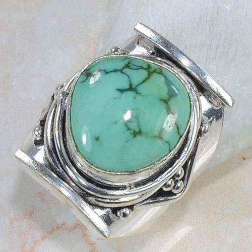 1 OF 2 TOP TURQ - TIBET TURQUOISE (NOTE GREEN TINGE) NATURAL GEMSTONE 925 SILVER RING #8 - U9406 J5